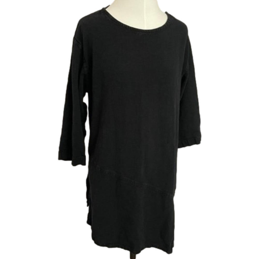 Kaliyana Artwear Black Linen Blend Asymmetric Hem Short Sleeve Tunic Top - S 🇨